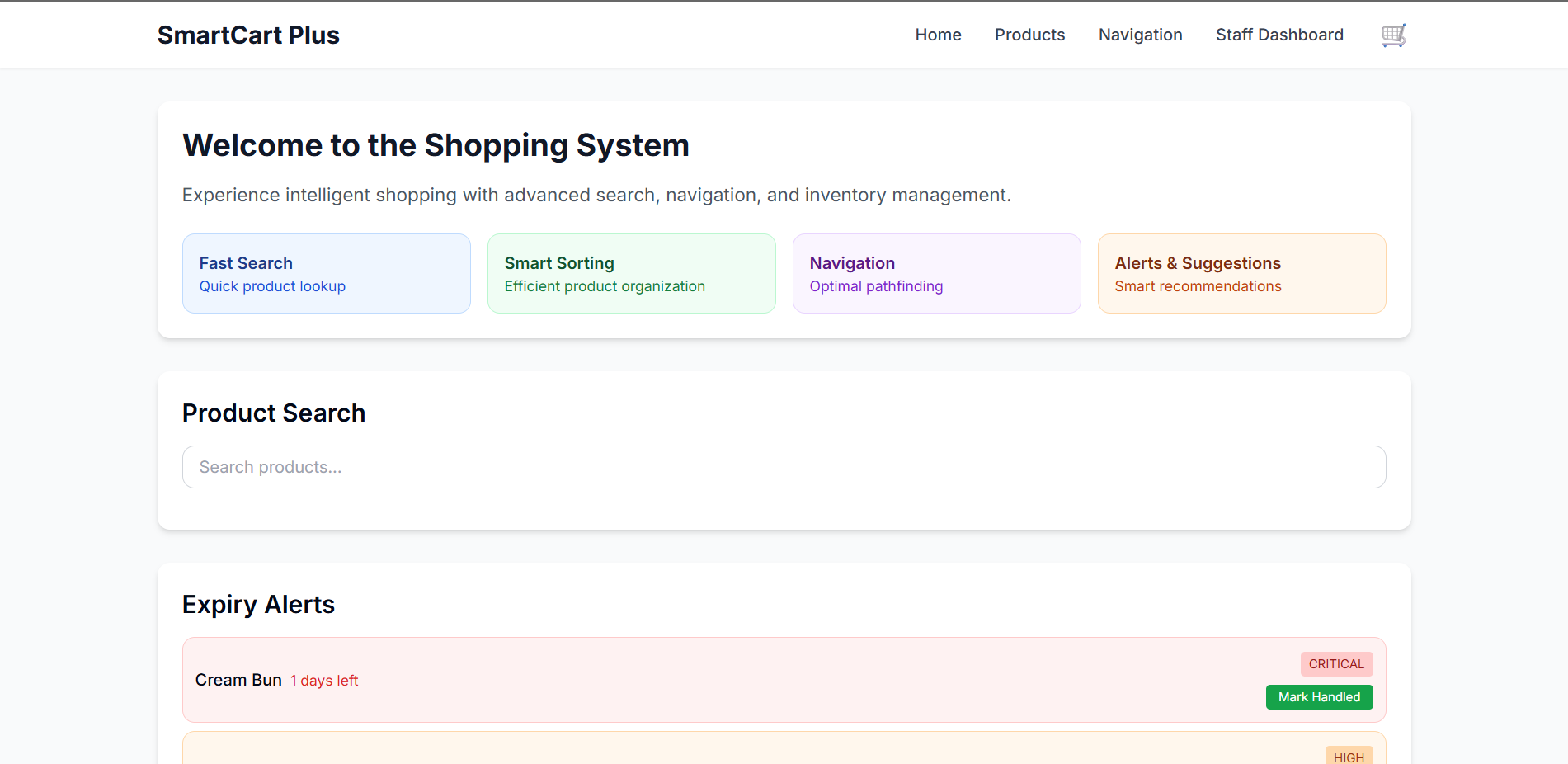Screenshot of Smart-Cart-Plus shopping system interface
